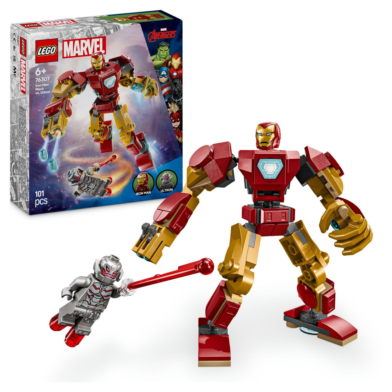 Lego marvel 76307 mech di iron man contro ultron - action figure giocattolo da costruire con 2 minifigure, gioco bambini 6+ - LEGO SUPER HEROES, Lego