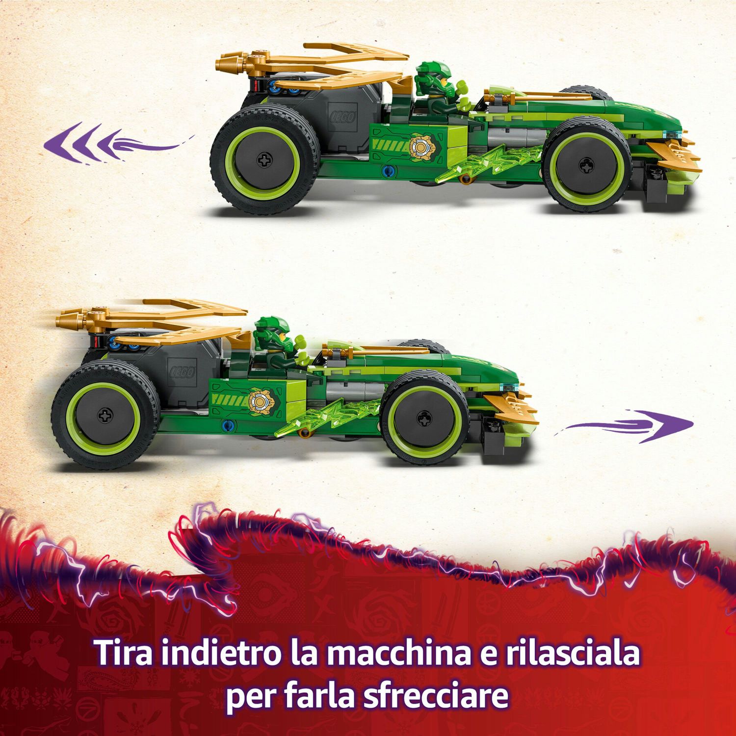 Lego ninjago 71828 racer pull-back di lloyd - modello di auto da corsa giocattolo con 2 minifigure e armi, giochi bambini 7+ - LEGO NINJAGO, Lego
