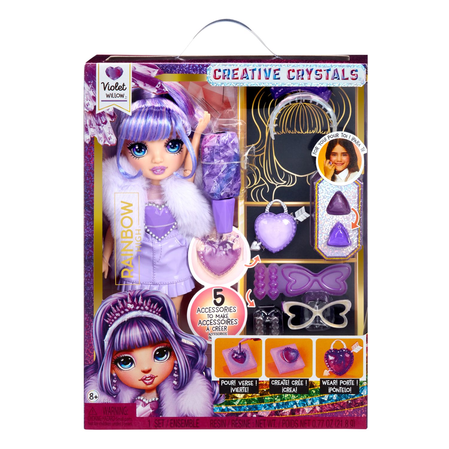 Rainbow high creative crystals violet - bambola fashion arcobaleno da 28 cm con kit per accessori di cristallo, anello per te, fai da te - Rainbow High