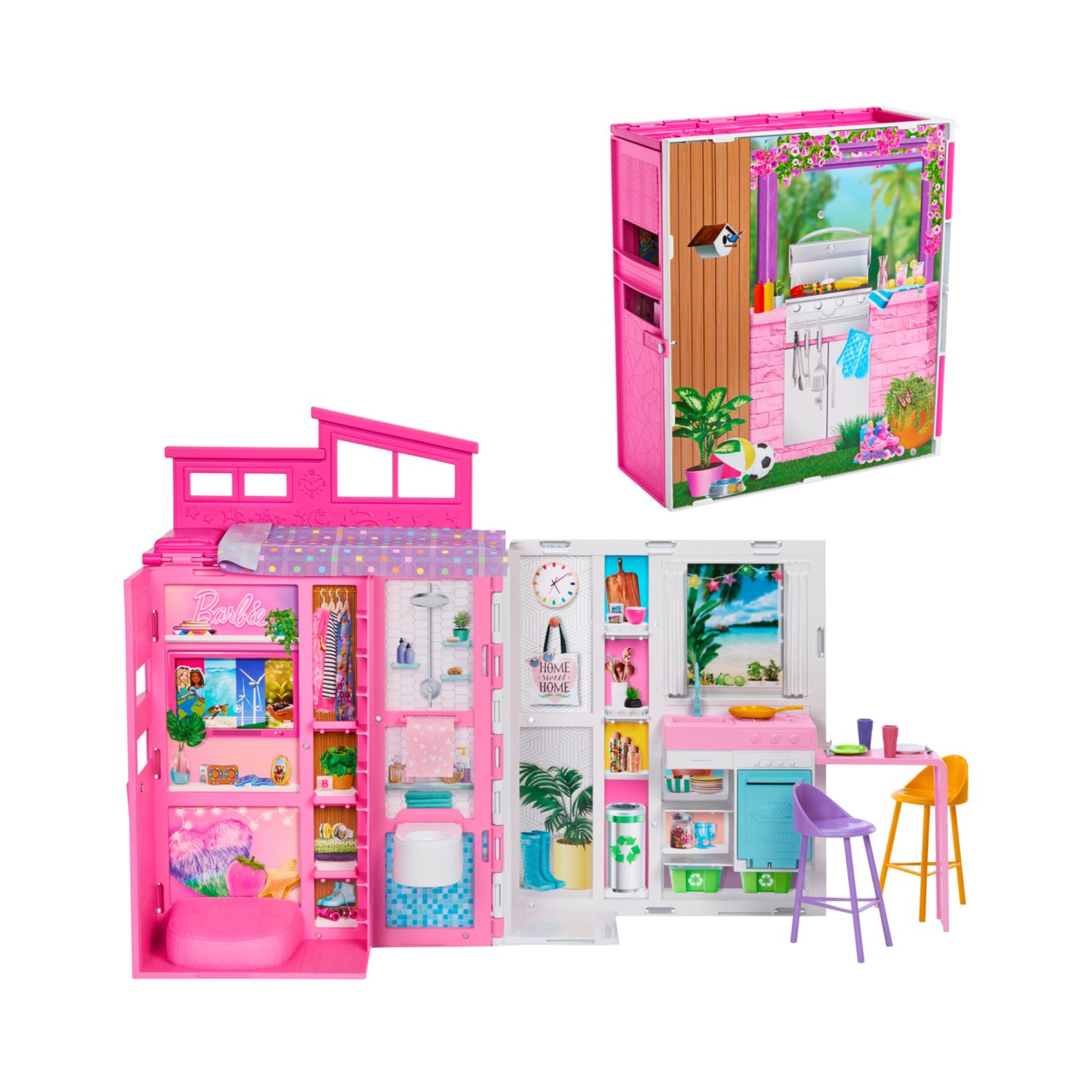 Barbie - casa delle vacanze, playset con 4 aree di gioco e 11 accessori decorativi inclusi - Barbie