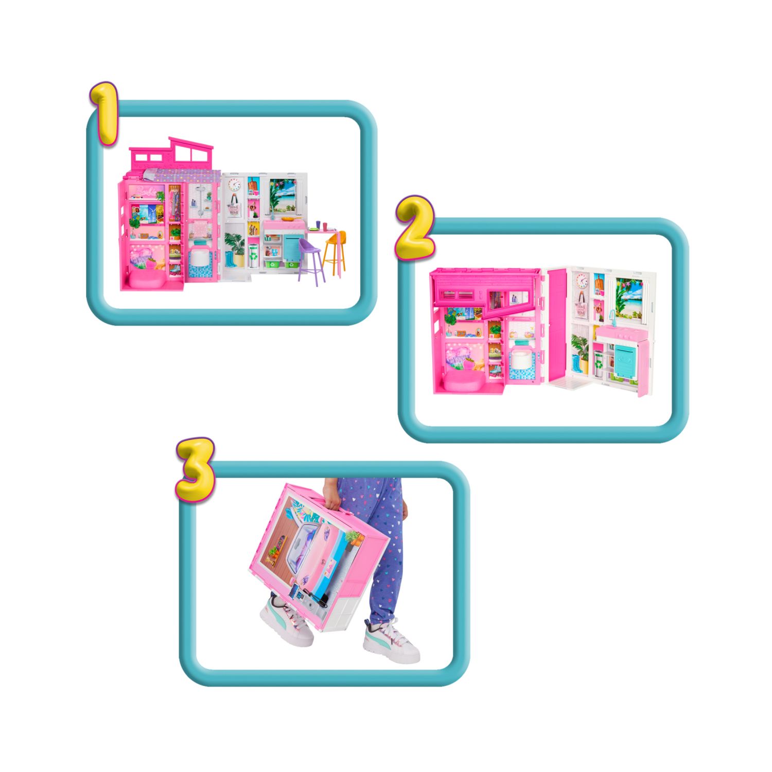 Barbie - casa delle vacanze, playset con 4 aree di gioco e 11 accessori decorativi inclusi - Barbie