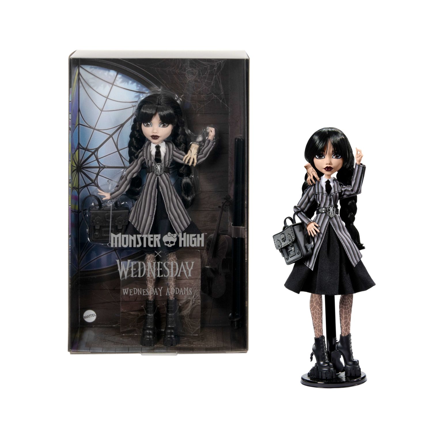 Monster high mercoledì - mercoledì addams, bambola da collezione in uniforme nevermore academy con mano e accessori premium - Monster High
