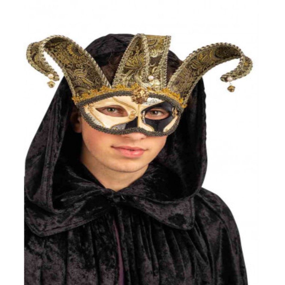 Maschera veneziana jolly nera in plastica con campanelli e tessuto damascato - CARNIVAL TOYS