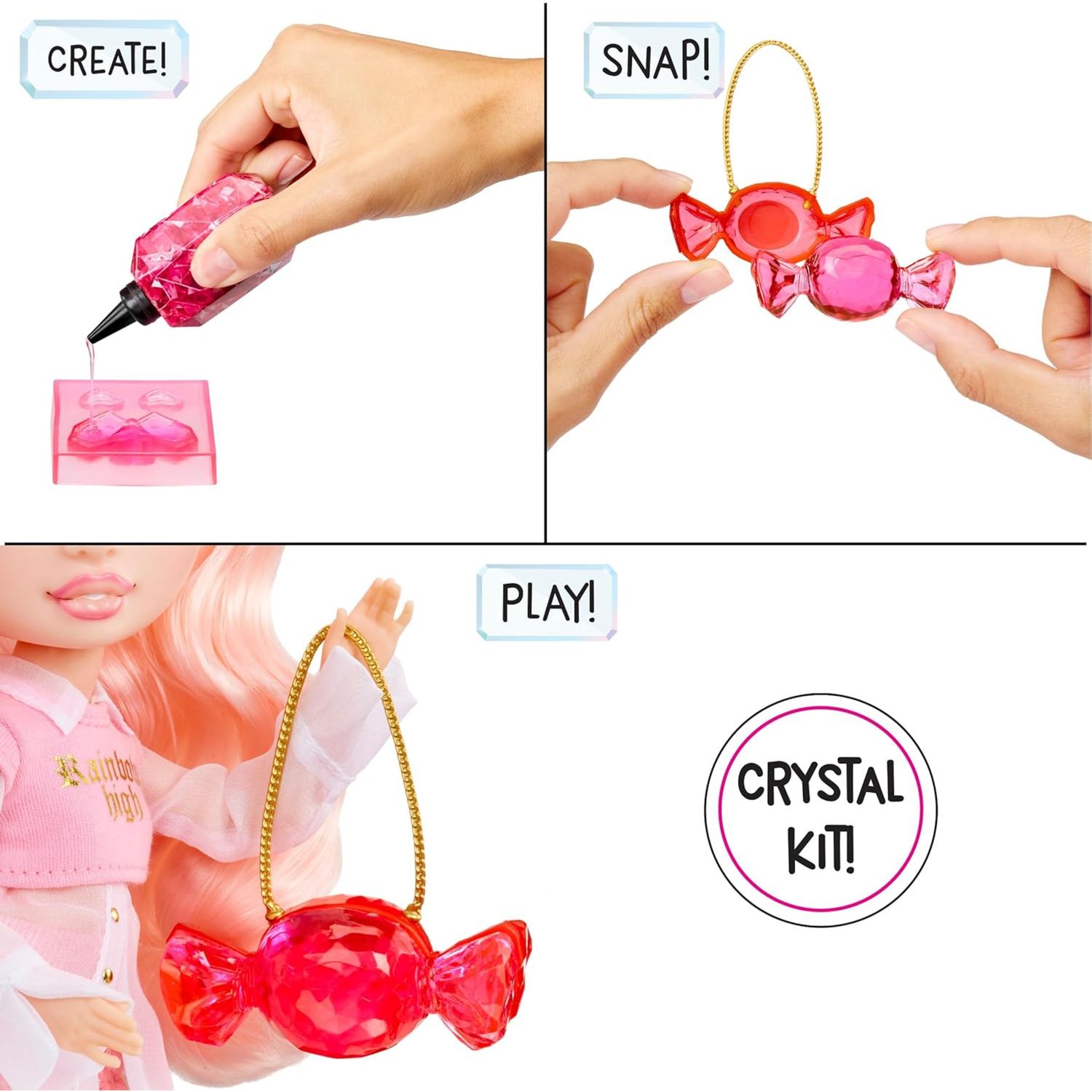 Rainbow high creative crystals bella - bambola fashion arcobaleno da 28 cm con kit per accessori di cristallo, anello per te, fai da te - Rainbow High