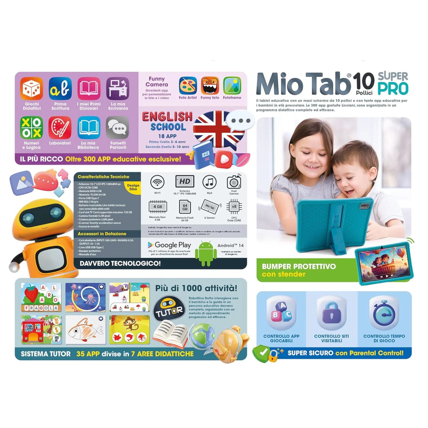 Mio tab 10″ super pro lisciani - tablet educativo per bambini dai 3 agli 8 anni con oltre 300 app, sicurezza parental control e metodo montessori - LISCIANI