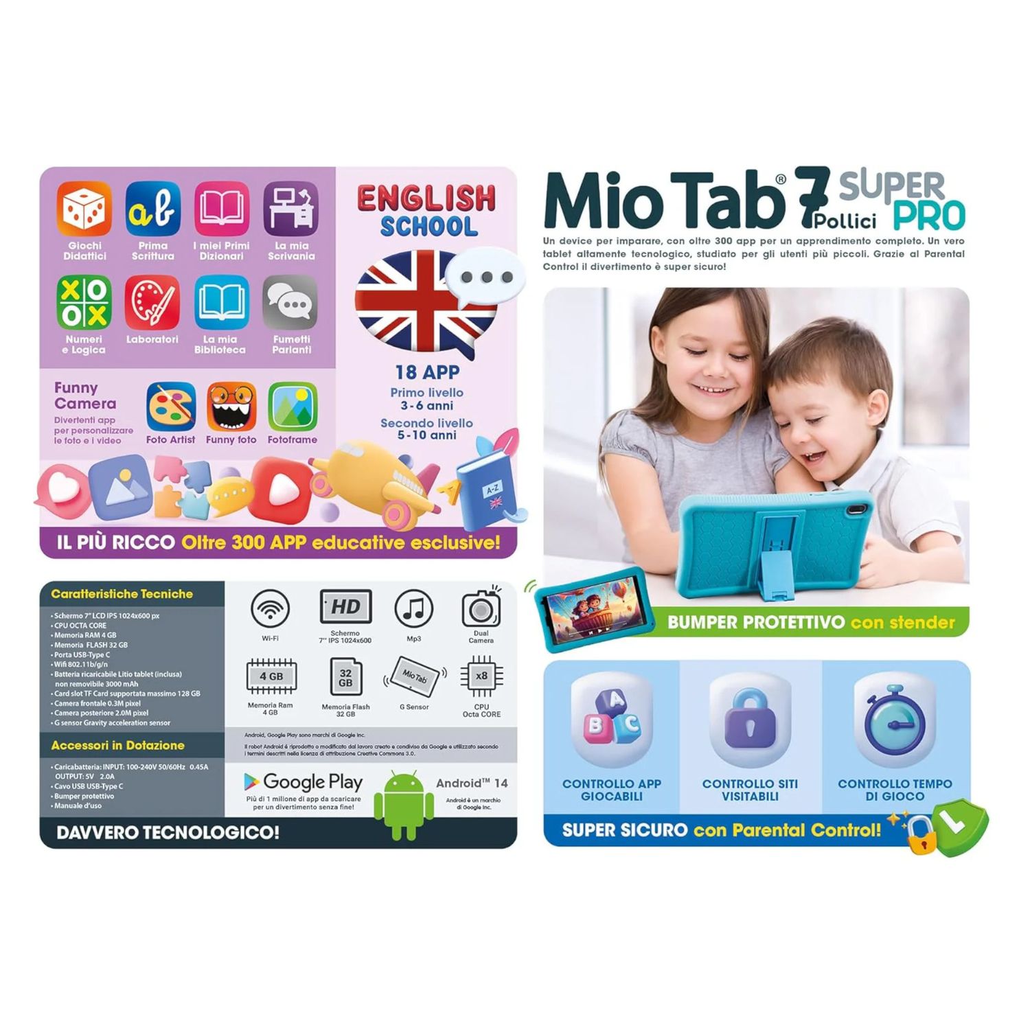 Mio tab 7″ super pro di lisciani: tablet educativo per bambini dai 3 agli 8 anni con oltre 300 app didattiche, sicurezza parental control e design protettivo - LISCIANI