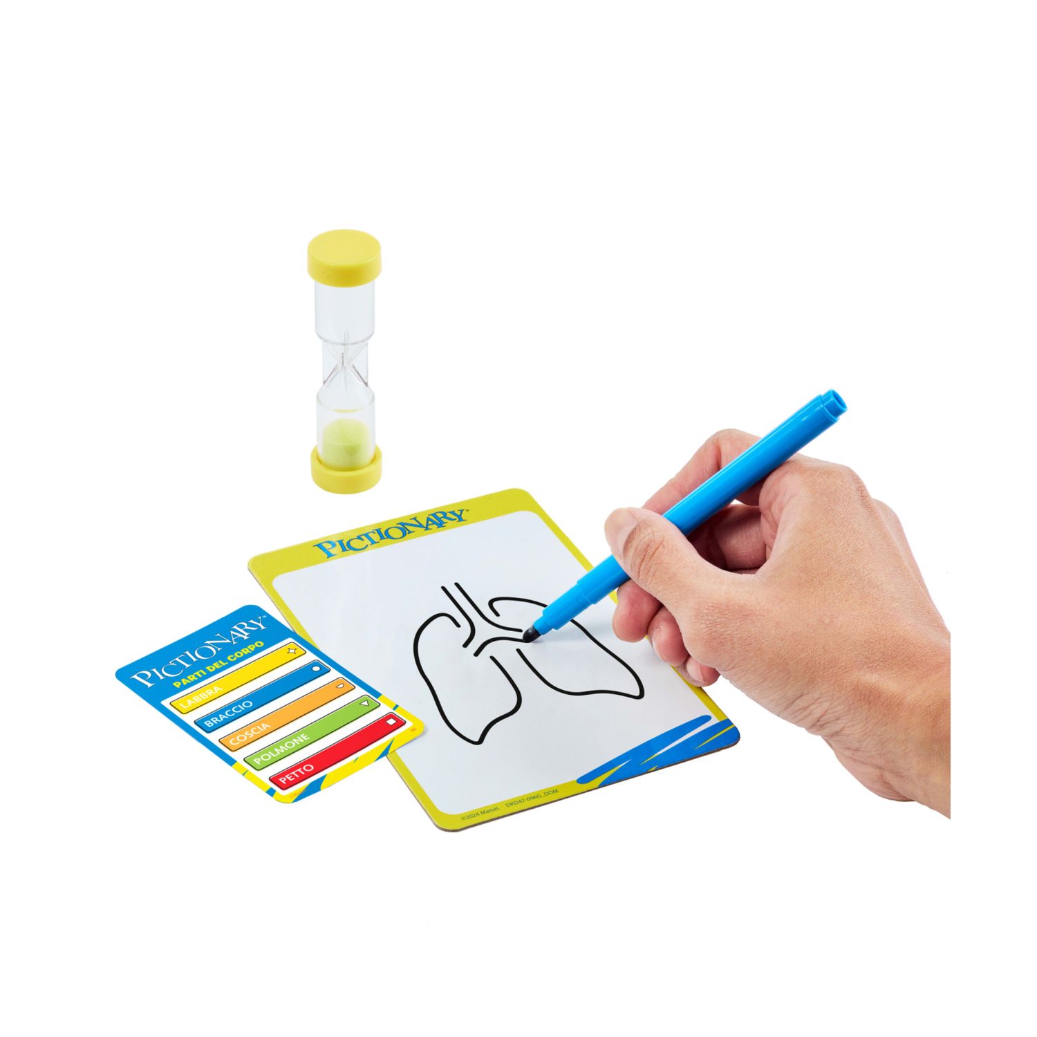 Mattel games - pictionary, con indizi in italiano, pennarelli cancellabili, lavagnette e clessidra - PICTIONARY