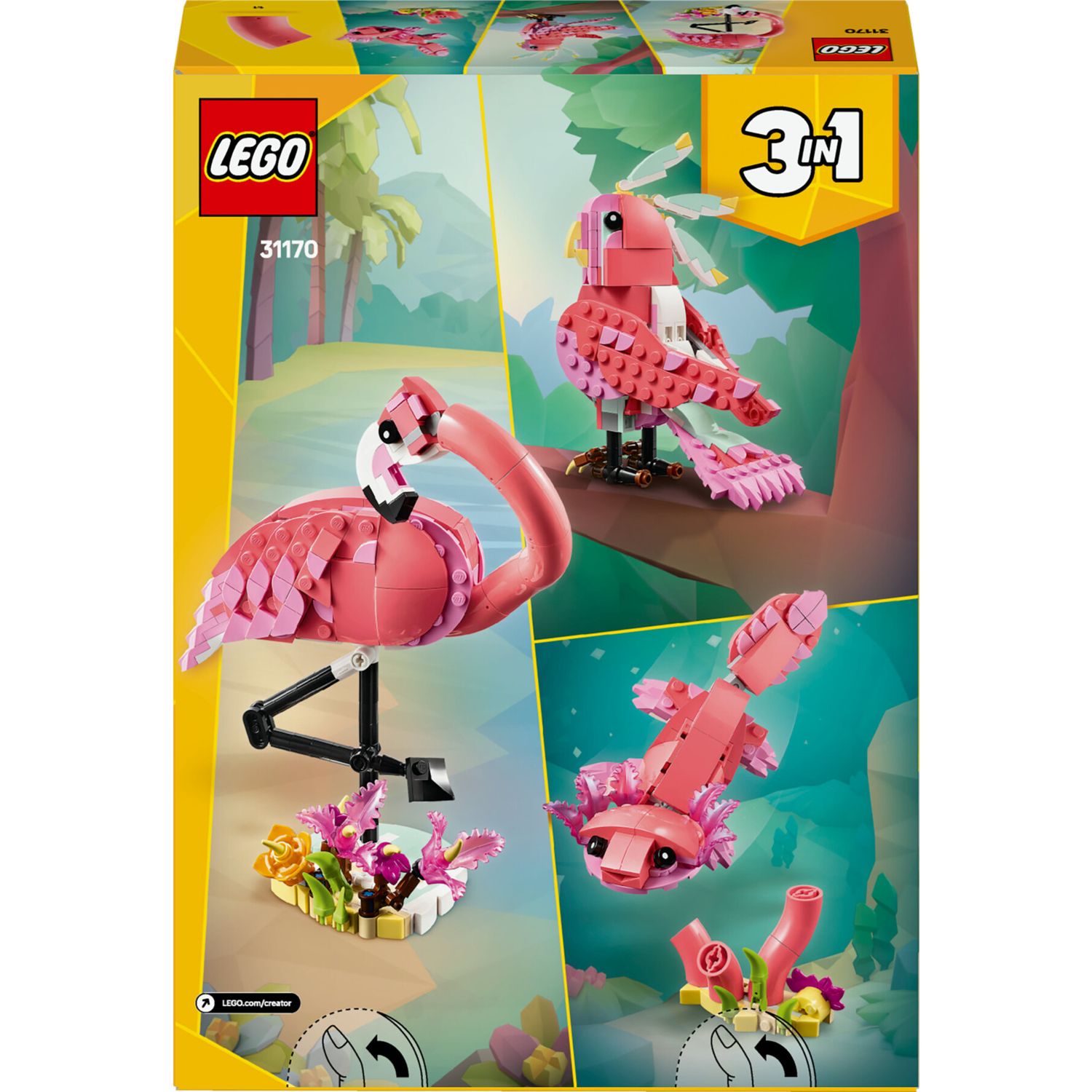 Lego creator 3in1 31170 animali selvatici: fenicottero rosa giocattolo, si trasforma in cacatua o in axolotl, giochi bambini8+ - LEGO CREATOR, Lego