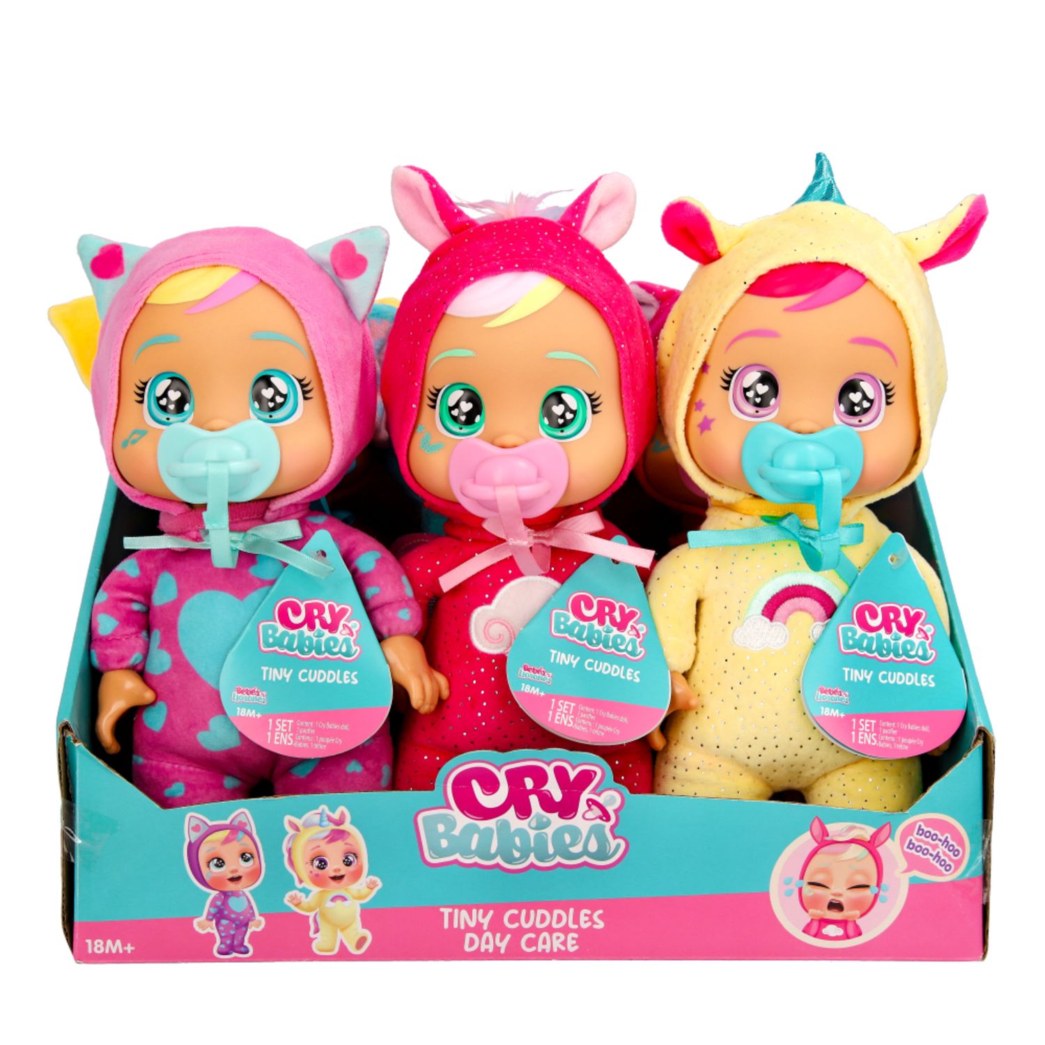 Cry babies tiny cuddles daycare, bambola soffice assortita con ciuccio, ideali per i piccoli - CRY BABIES