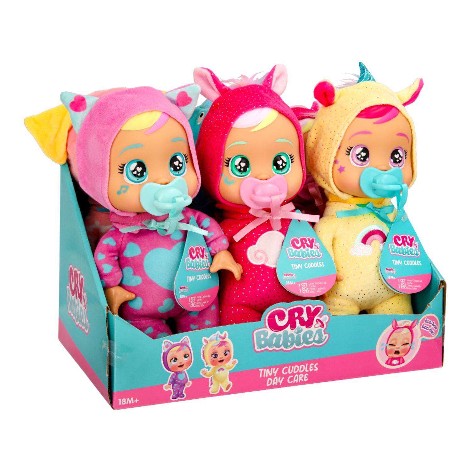 Cry babies tiny cuddles daycare, bambola soffice assortita con ciuccio, ideali per i piccoli - CRY BABIES