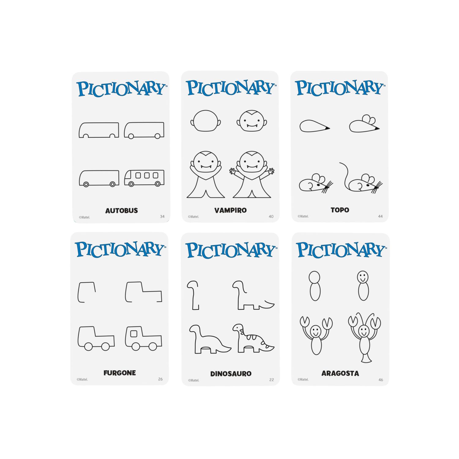 Mattel games - pictionary, con indizi in italiano, pennarelli cancellabili, lavagnette e clessidra - PICTIONARY