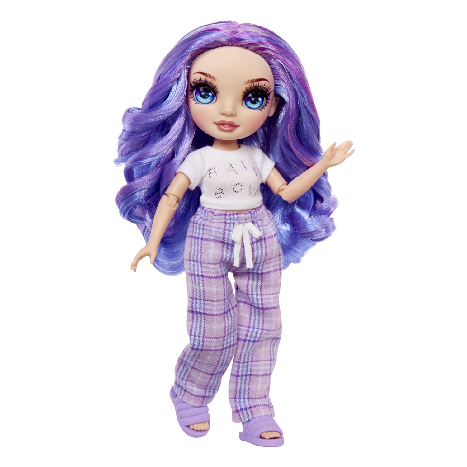 Rainbow high junior high pj party - violet willow - bambola snodata da 22 cm con morbida tutina, pantofole e accessori da gioco - Rainbow High