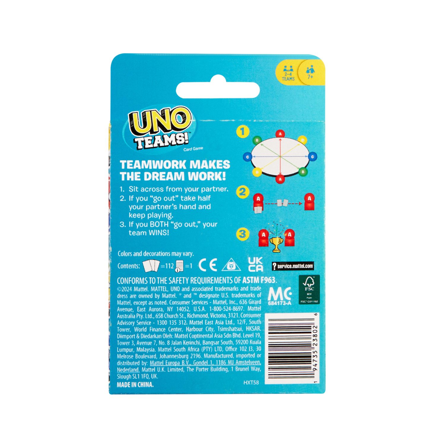 Mattel games - uno teams, versione a squadre, regole speciali e nuove carte squadra jolly - UNO