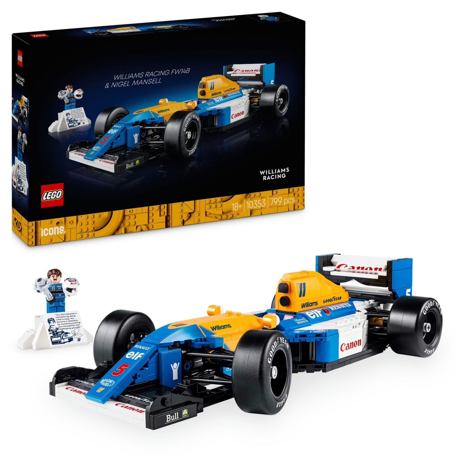 Lego icons 10353 williams racing fw14b e nigel mansell, modello di auto f1 con minifigure, regalo per adulti, uomo o donna - Lego, LEGO ICONS
