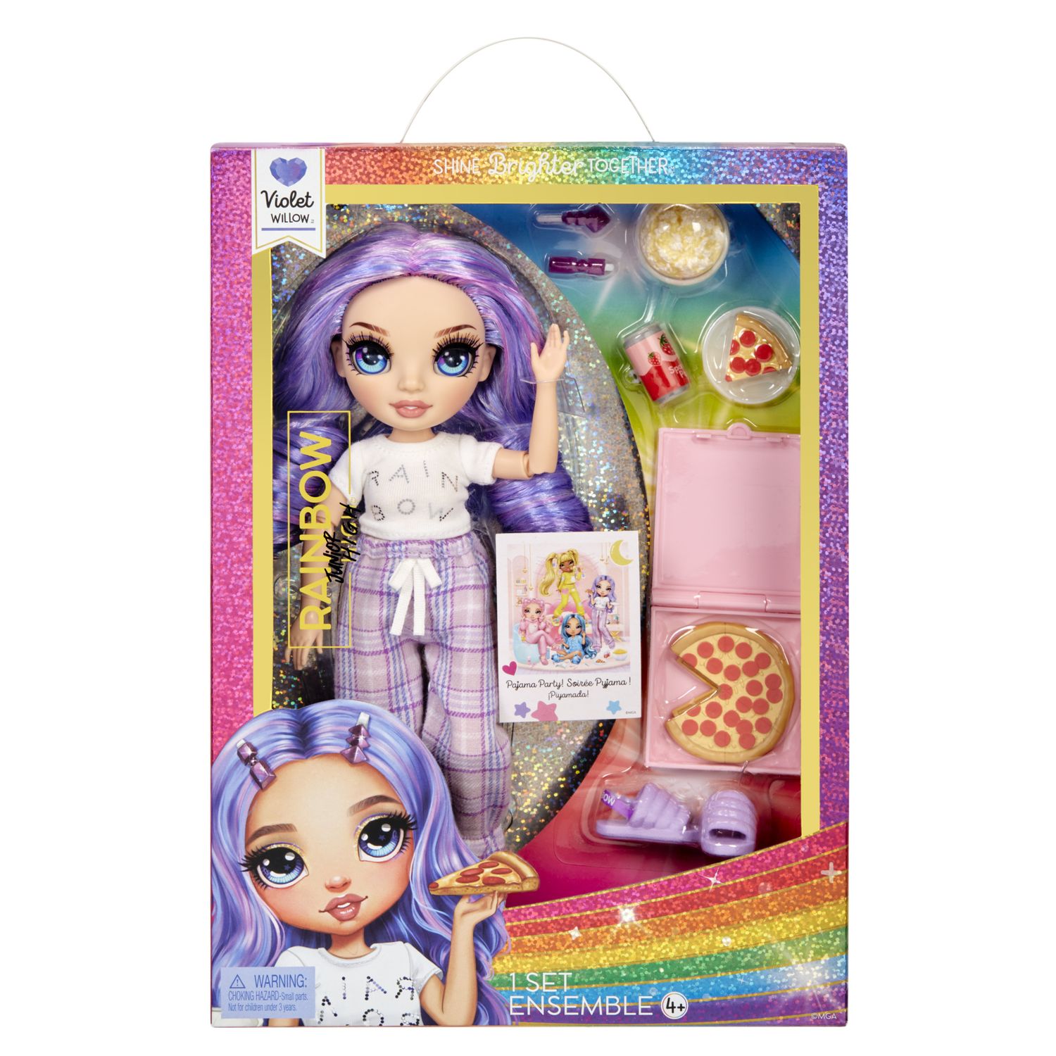 Rainbow high junior high pj party - violet willow - bambola snodata da 22 cm con morbida tutina, pantofole e accessori da gioco - Rainbow High