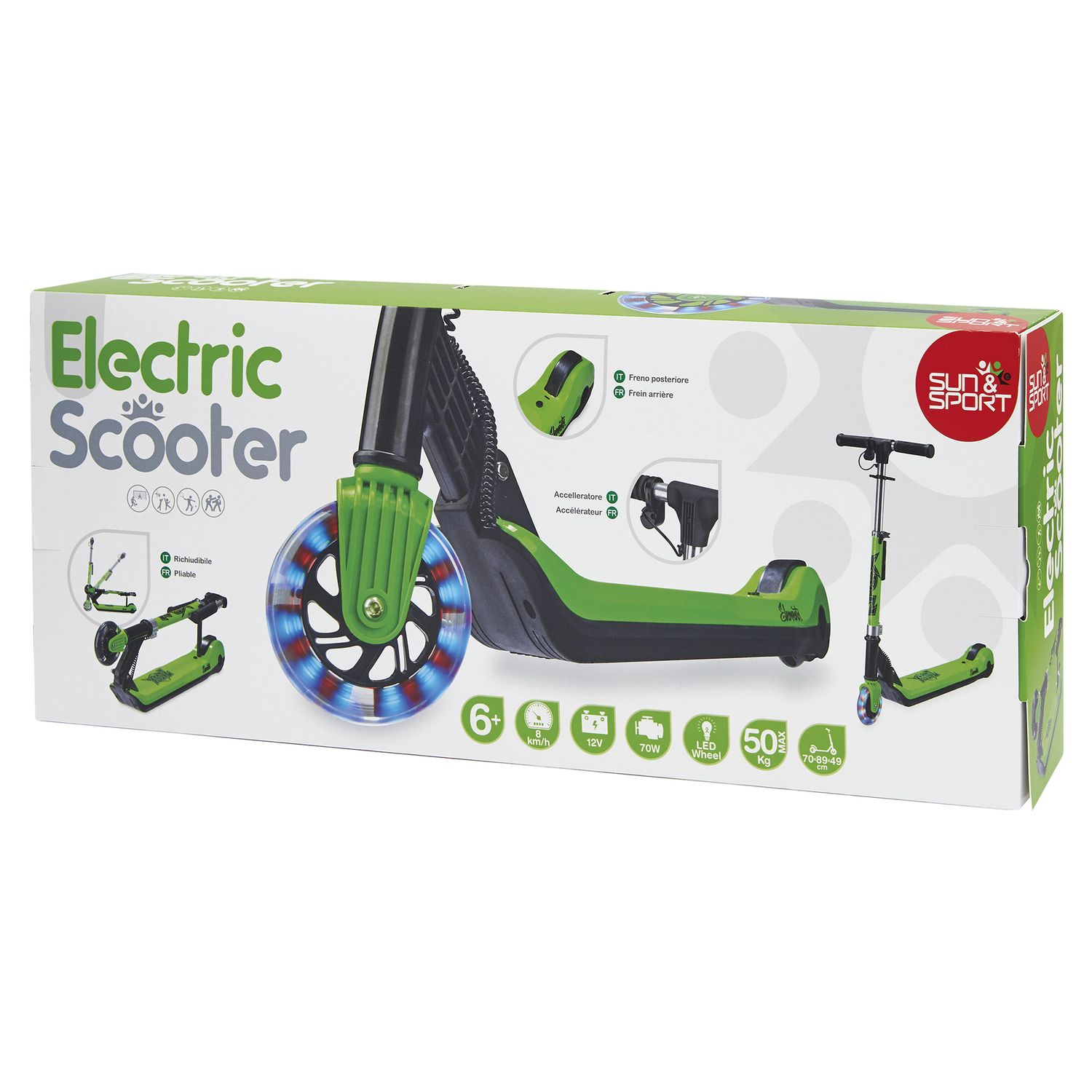 Monopattino elettrico 12v pieghevole con led, freno posteriore, pedana antiscivolo, autonomia 60 min, velocità 8 km/h, max 50 kg - SUN&SPORT