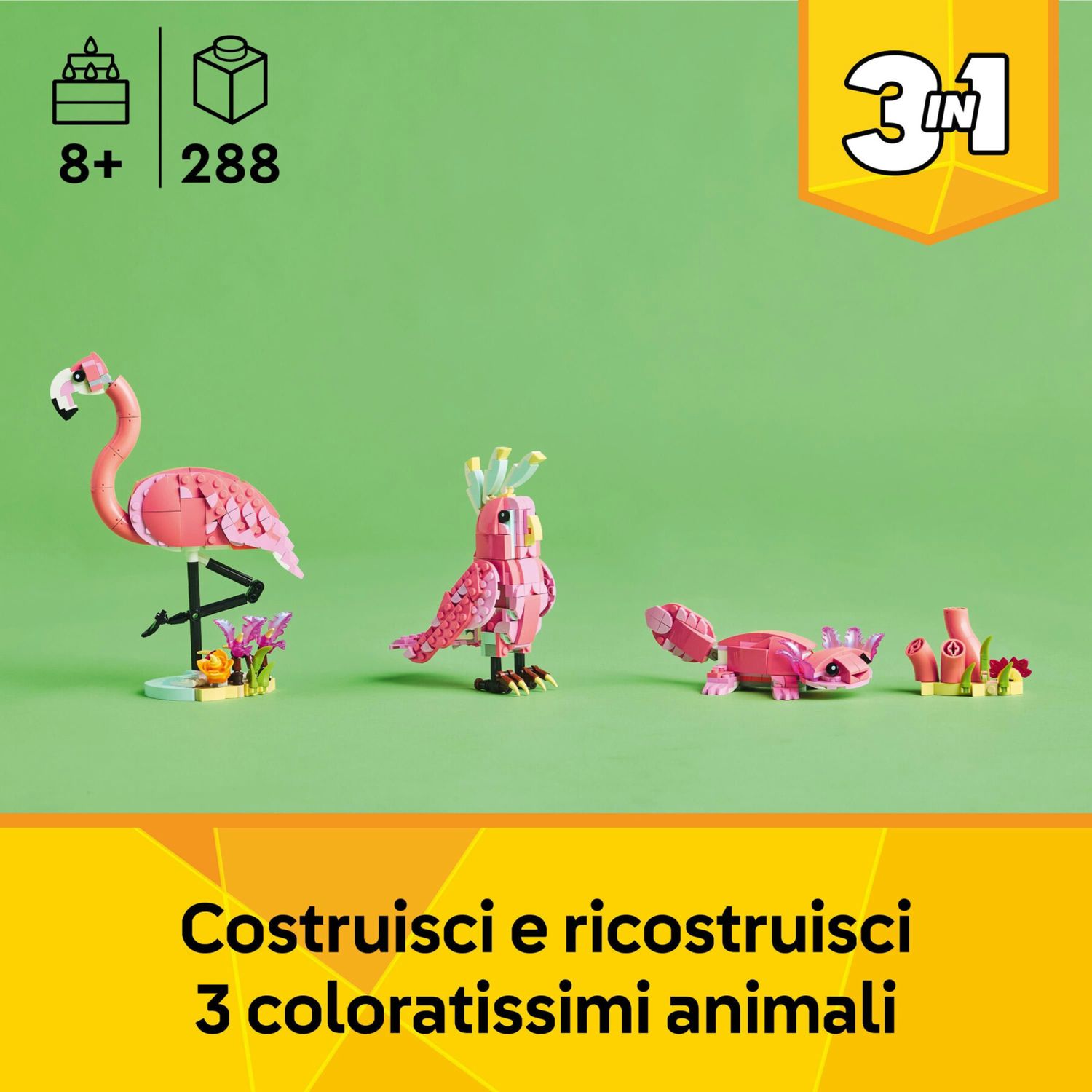 Lego creator 3in1 31170 animali selvatici: fenicottero rosa giocattolo, si trasforma in cacatua o in axolotl, giochi bambini8+ - LEGO CREATOR, Lego