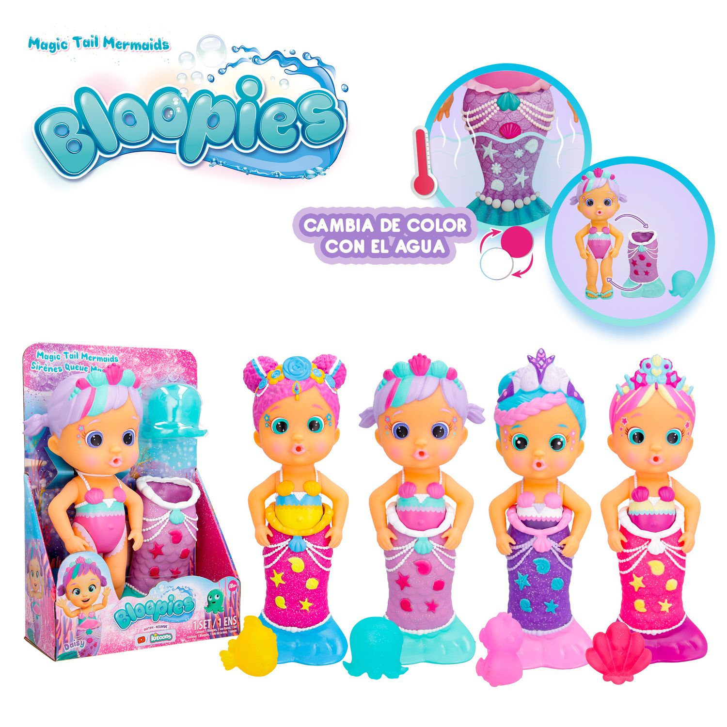 Bloopies mermaids magic tails, bambola singola assortita per il bagnetto 2 in 1: sirena e bambina, spruzzano acqua - BLOOPIES