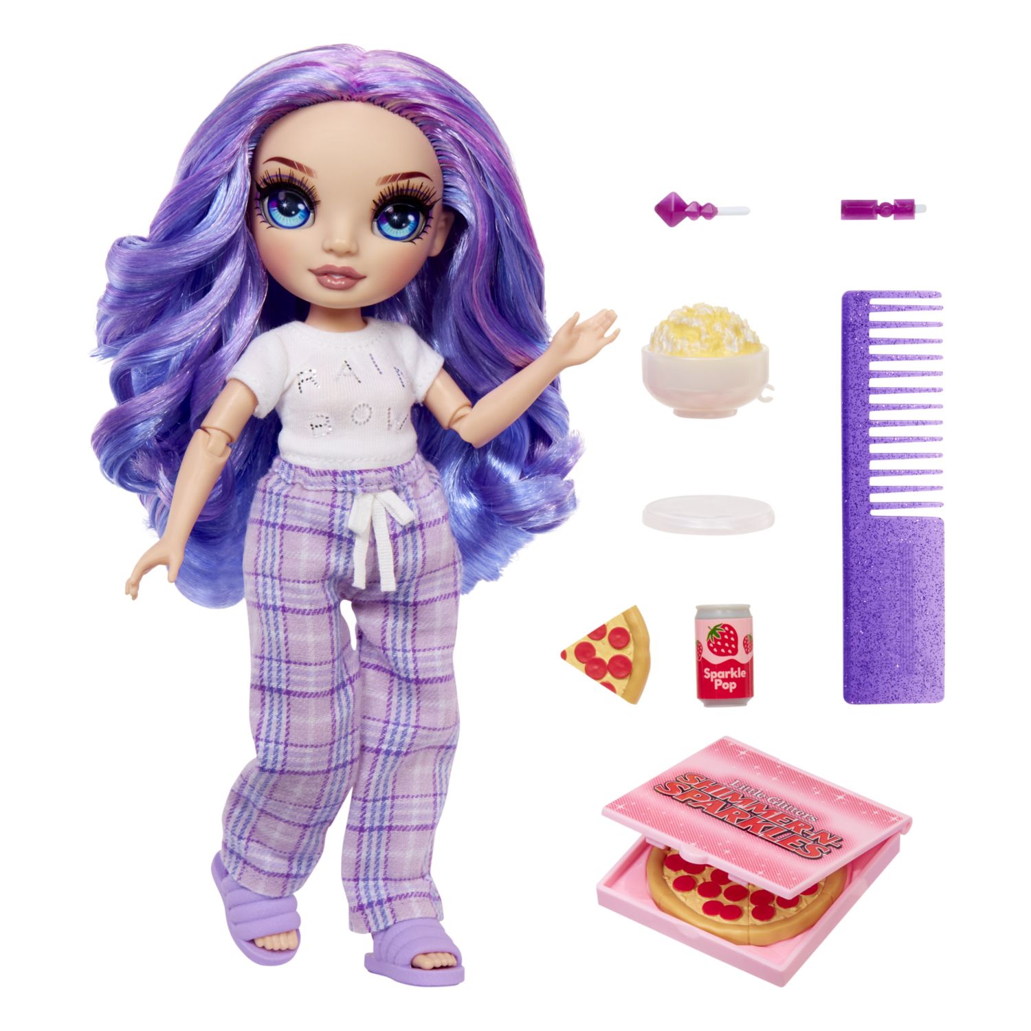 Rainbow high junior high pj party - violet willow - bambola snodata da 22 cm con morbida tutina, pantofole e accessori da gioco - Rainbow High