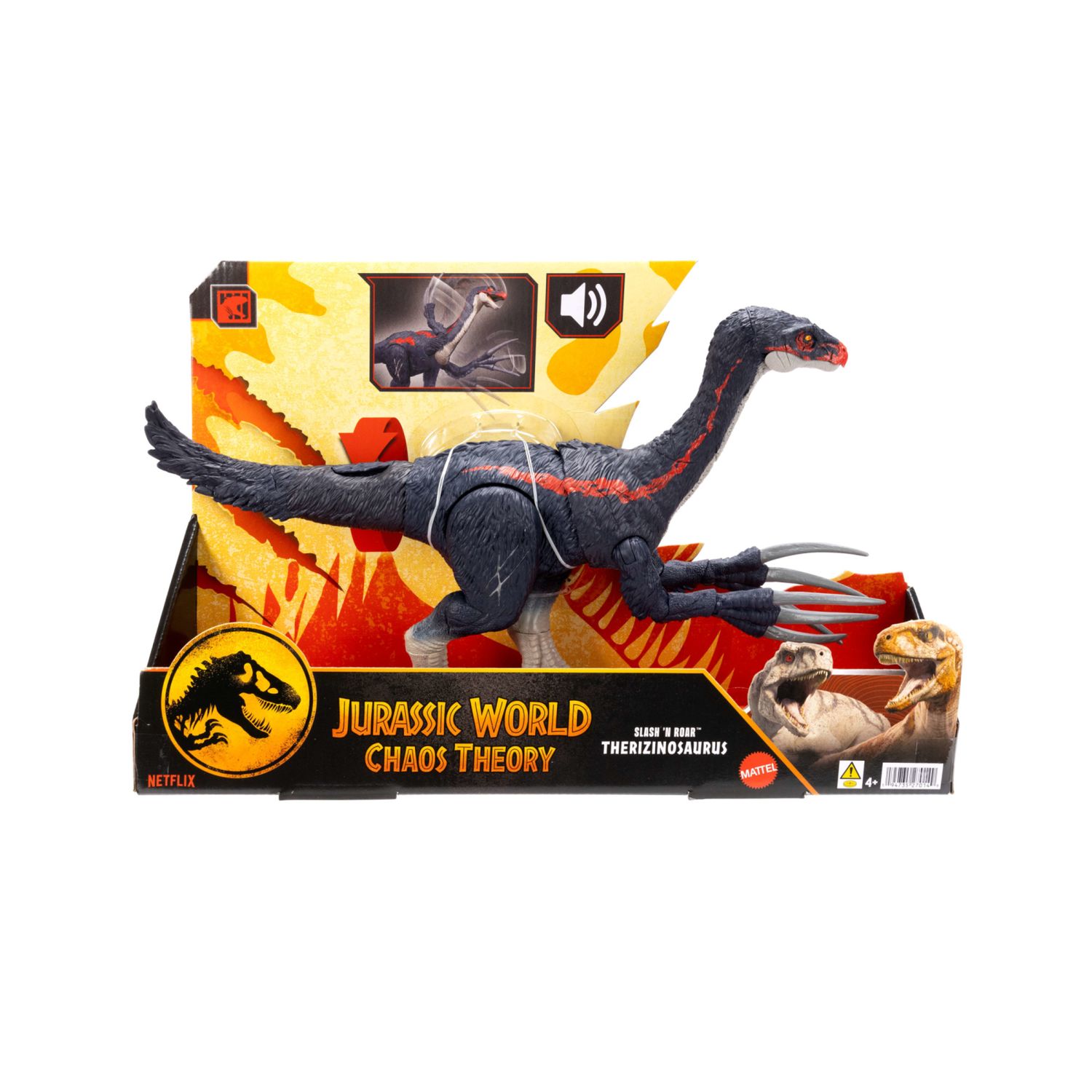 Mattel jurassic world - terizinosauro attacca e ruggisci, dinosauro con azione d'attacco, ruggito ed effetti sonori - Jurassic World