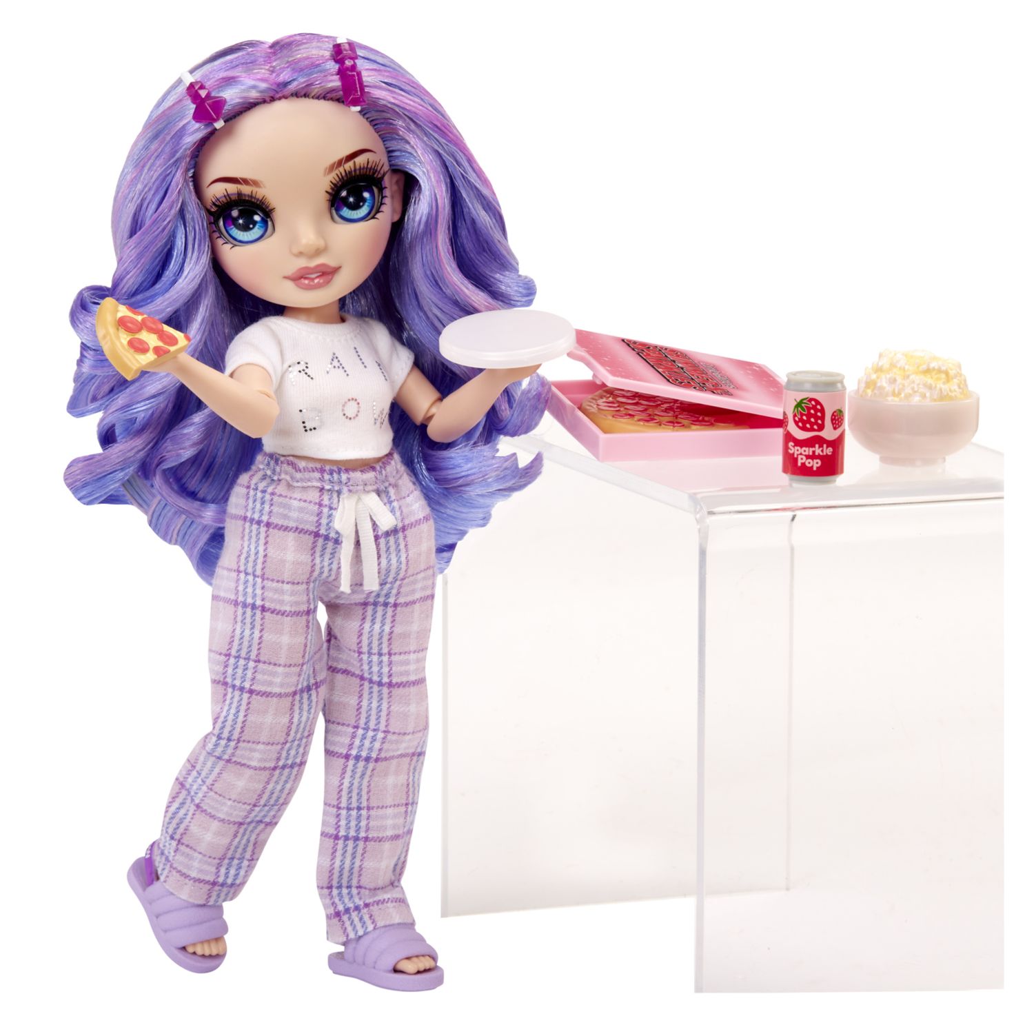 Rainbow high junior high pj party - violet willow - bambola snodata da 22 cm con morbida tutina, pantofole e accessori da gioco - Rainbow High