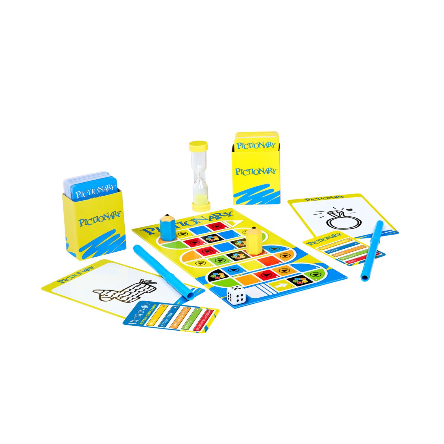 Mattel games - pictionary, con indizi in italiano, pennarelli cancellabili, lavagnette e clessidra - PICTIONARY