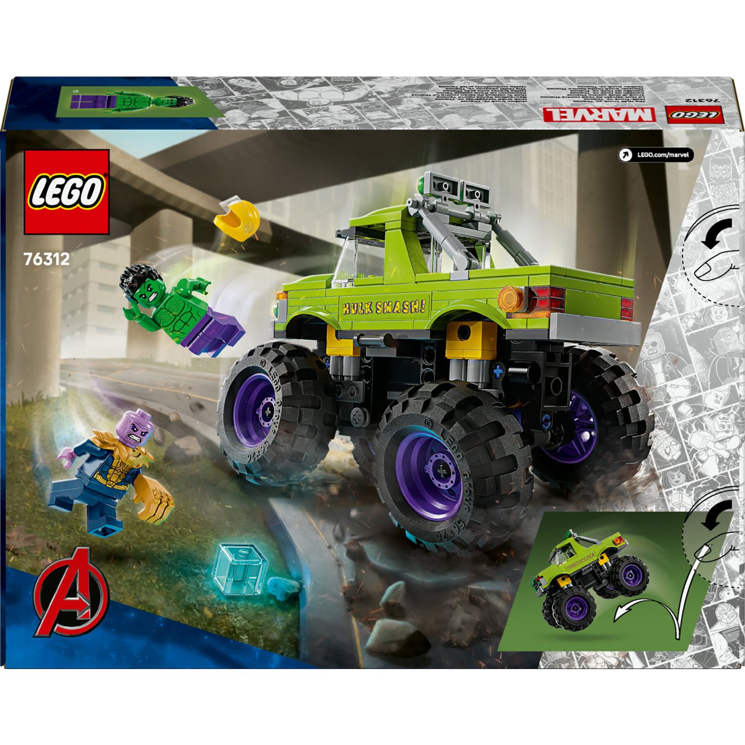 Lego marvel 76312 truck di hulk contro thanos - camion giocattolo per supereroi con 2 minifigure, giochi per bambini 7+ anni - LEGO SUPER HEROES, Lego