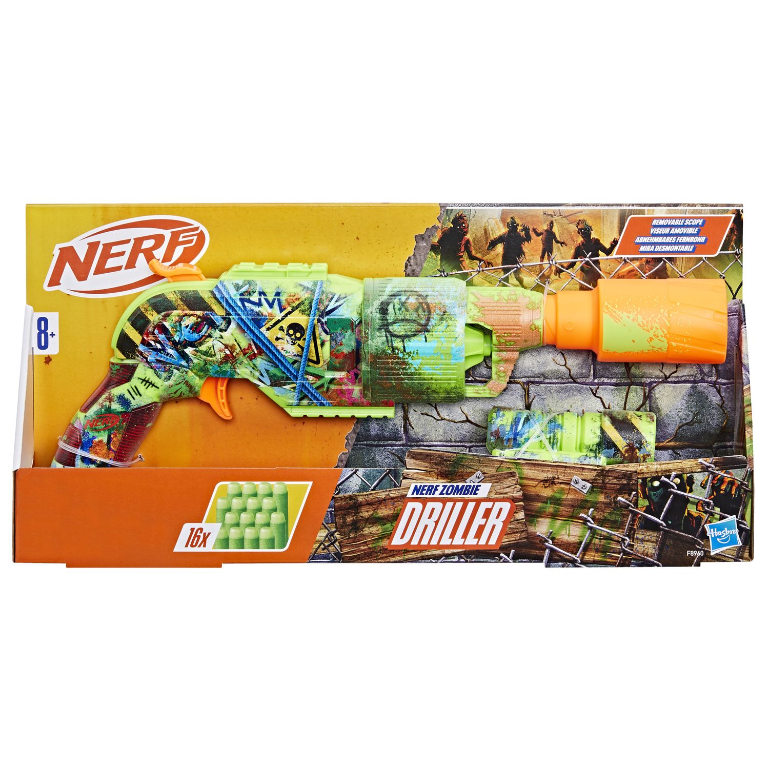 Nerf zombie driller – blaster con tamburo rotante, mirino rimovibile e 16 dardi - NERF