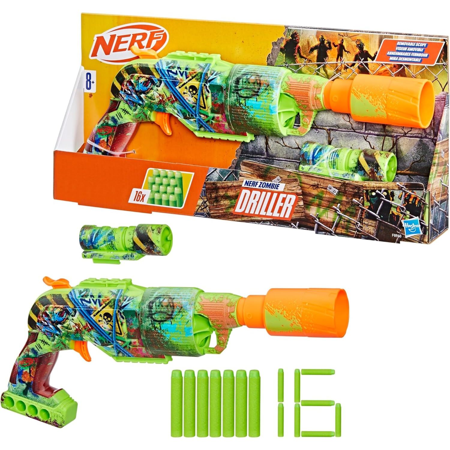 Nerf zombie driller – blaster con tamburo rotante, mirino rimovibile e 16 dardi - NERF