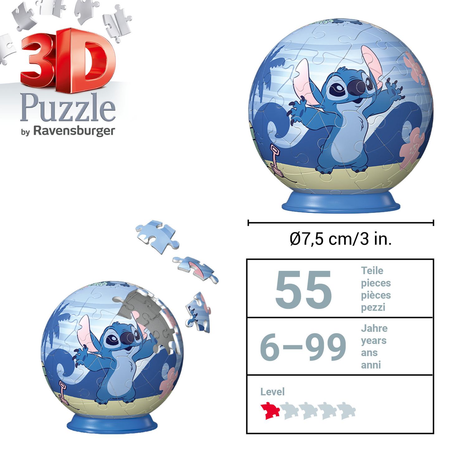 Ravensburger 3d puzzle disney stitch - 54 pezzi - puzzle sferico per bambini 6+ - Disney Stitch