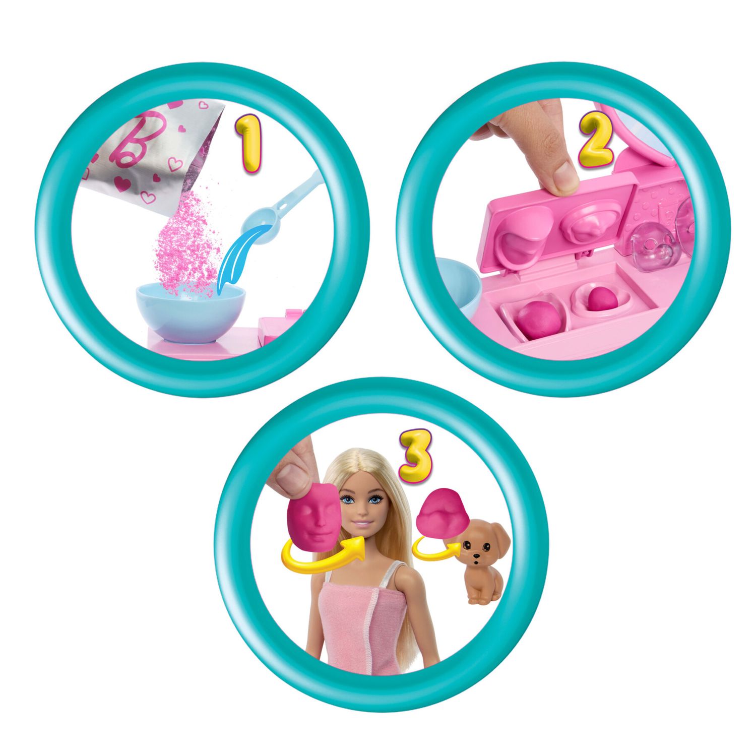 Barbie - maschere per il viso, set con bambola e 10 accessori inclusi, mobile centro benessere, cucciolo, adesivi - Barbie