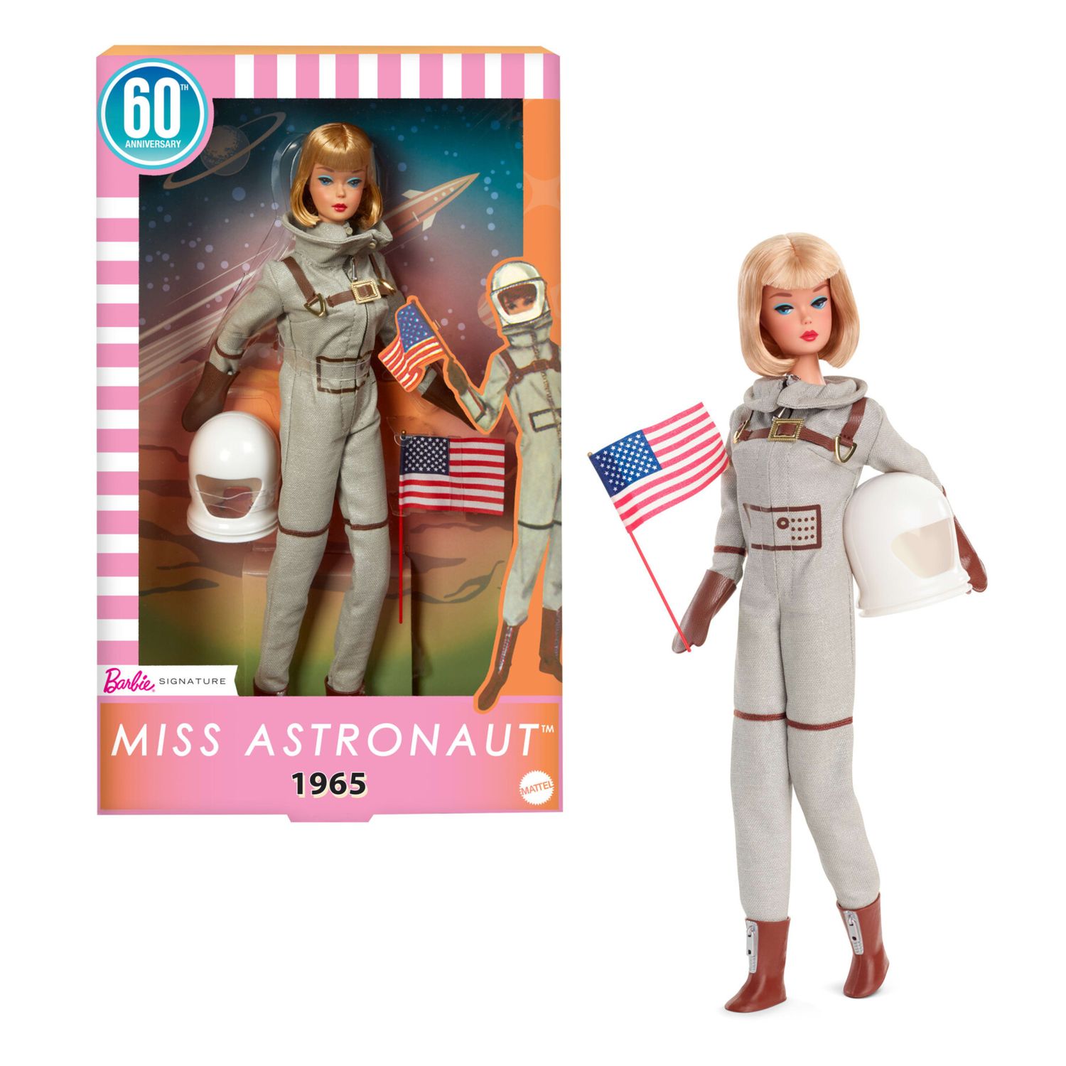 Barbie signature - barbie astronauta, bambola da collezione con tuta argentata, stivali spaziali e casco inclusi, riproduzione vintage del 1965 - Barbie