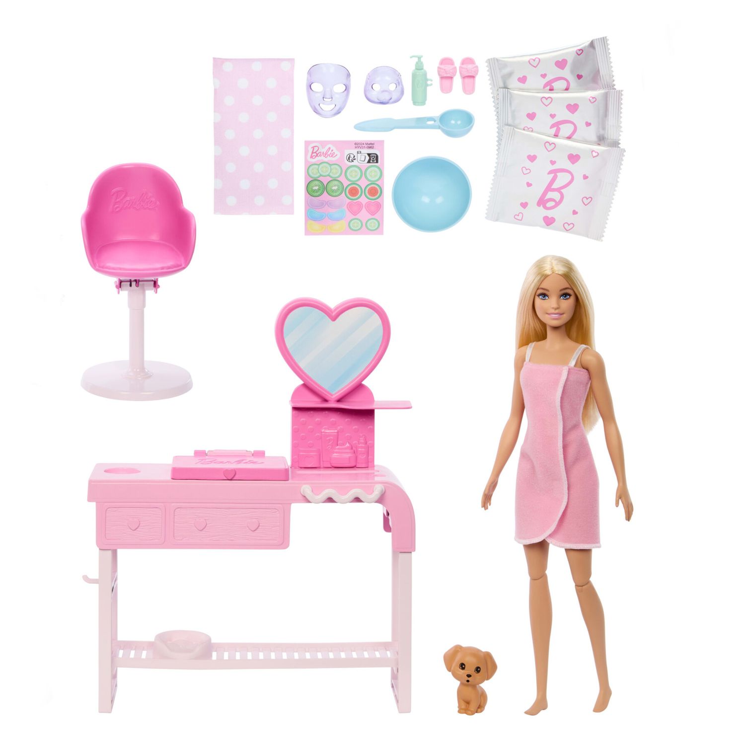 Barbie - maschere per il viso, set con bambola e 10 accessori inclusi, mobile centro benessere, cucciolo, adesivi - Barbie