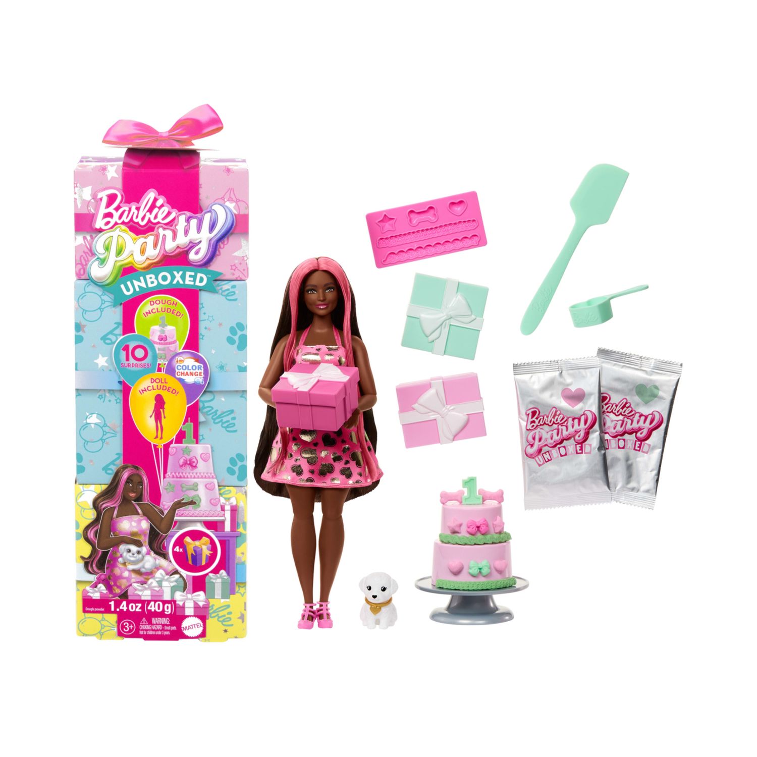 Barbie party unboxed - shimmerin' hearts serie compleanno del cucciolo, bambola con 10 accessori a sopresa - Barbie