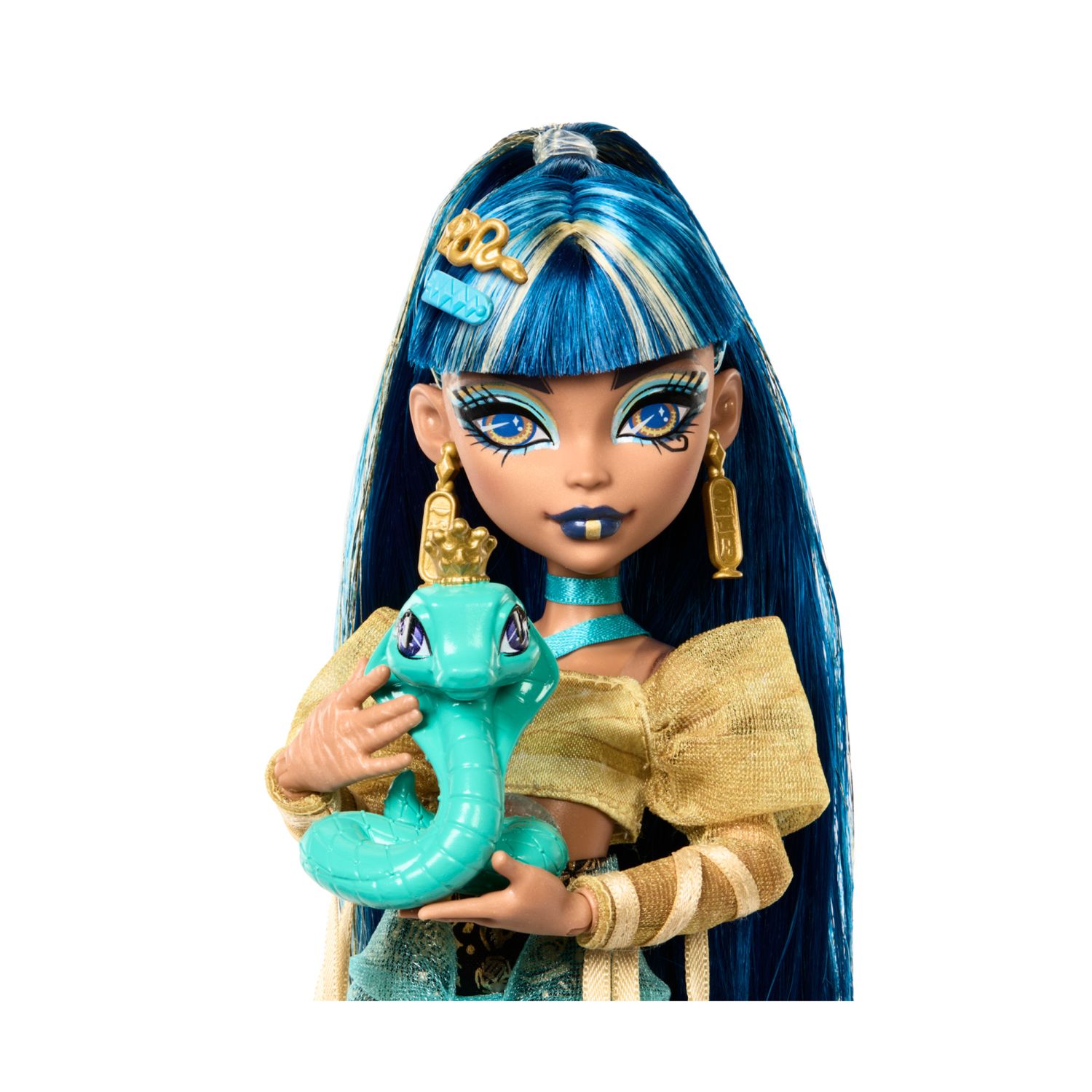Monster high - cleo de nile, bambola con camicetta dorata e gonna a strati, cucciolo di cobra hissette e accessori - Monster High