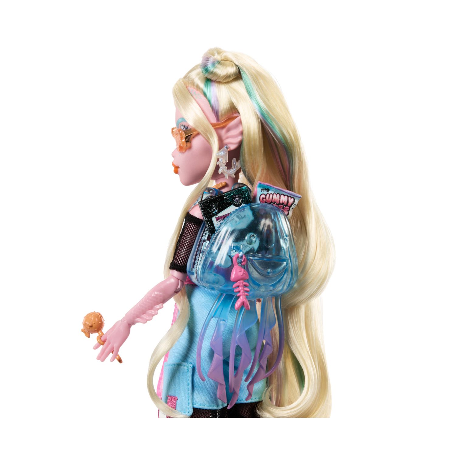 Monster high - lagoona blue, bambola con t-shirt in mesh e pantaloni cargo, pesciolina neptuna e accessori inclusi - Monster High