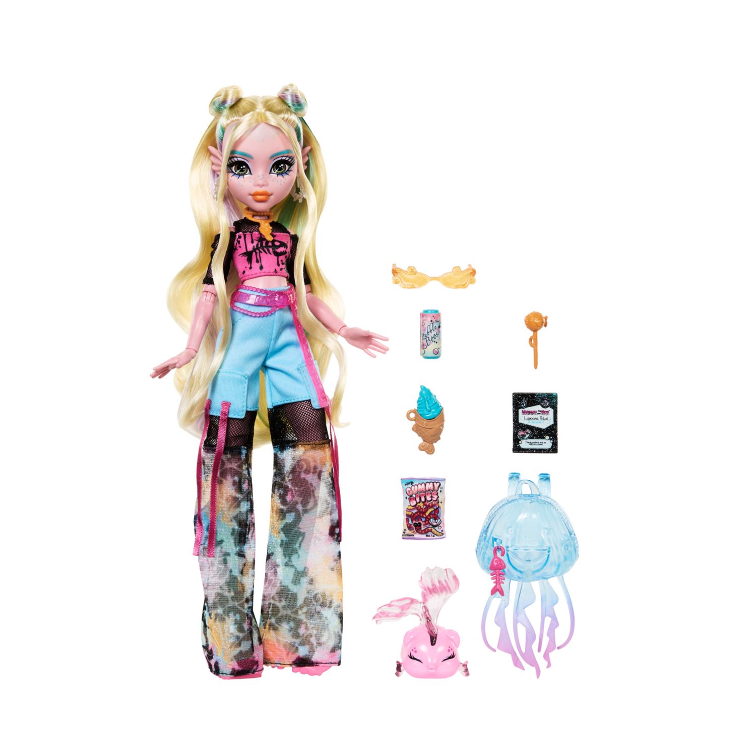 Monster high - lagoona blue, bambola con t-shirt in mesh e pantaloni cargo, pesciolina neptuna e accessori inclusi - Monster High