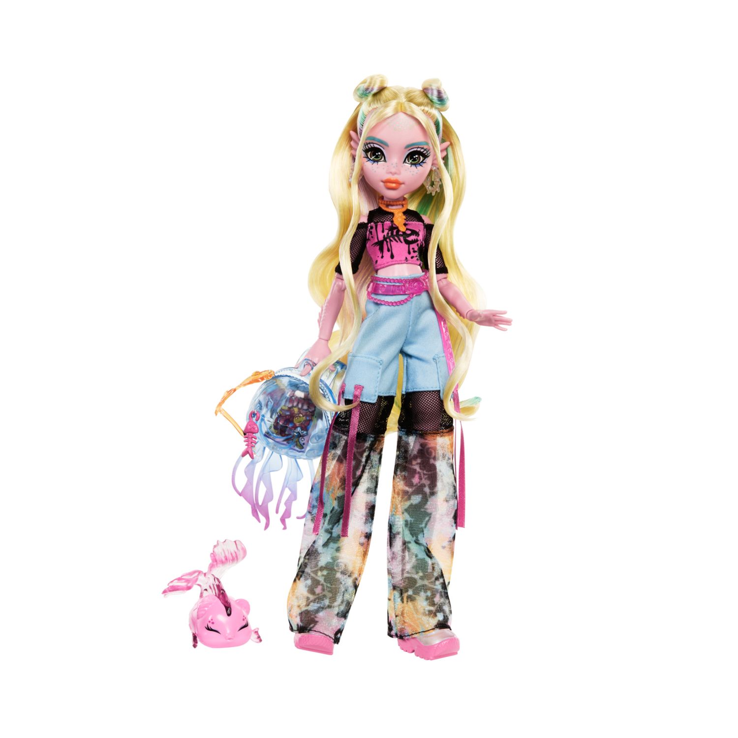 Monster high - lagoona blue, bambola con t-shirt in mesh e pantaloni cargo, pesciolina neptuna e accessori inclusi - Monster High