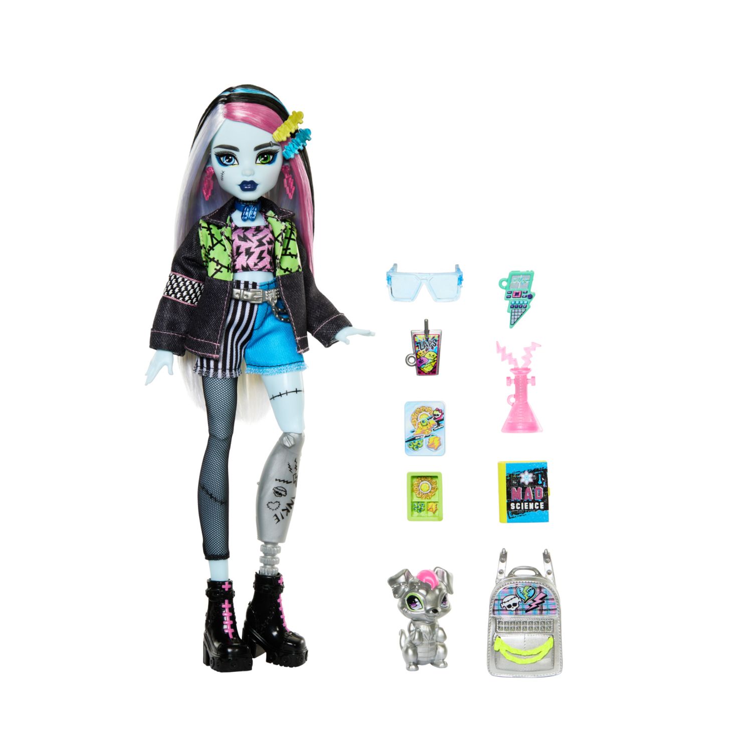 Monster high - frankie stein, bambola con giacca e shorts in denim, cagnolina watzie e accessori - Monster High