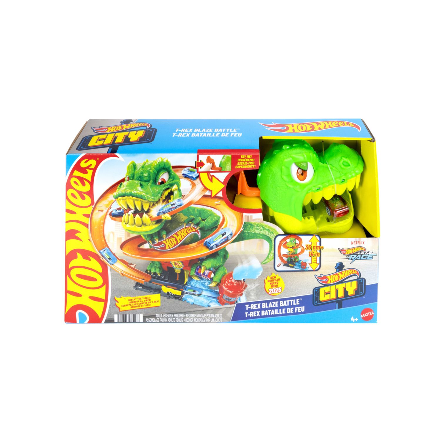 Hot wheels city - t-rex battaglia infuocata, pista stazione dei pompieri con dinosauro occhi rotanti e camion - Hot Wheels