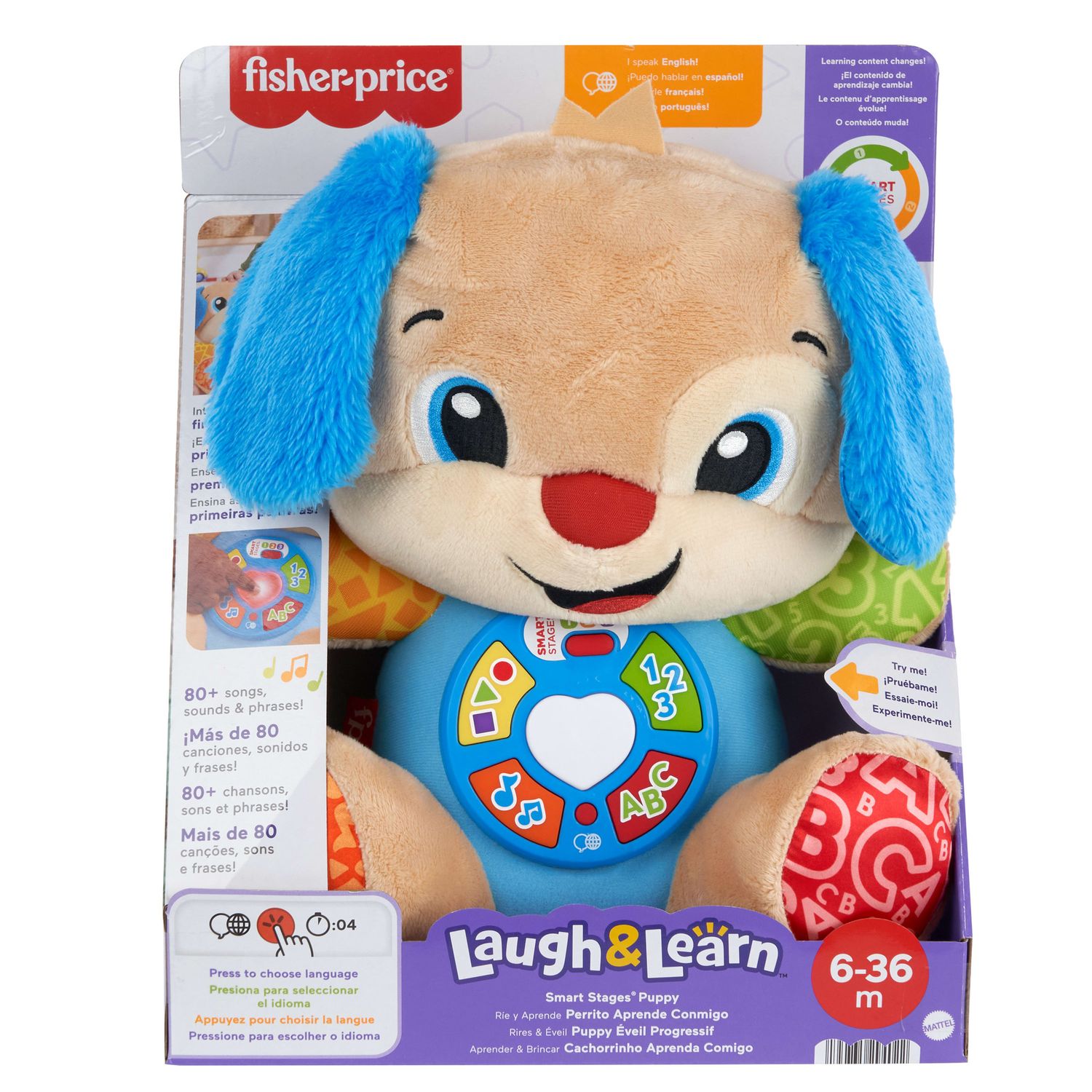 Fisher-price - il cagnolino smart stages blu, peluche musicale per l'apprendimento con luci, suoni e frasi - FISHER-PRICE