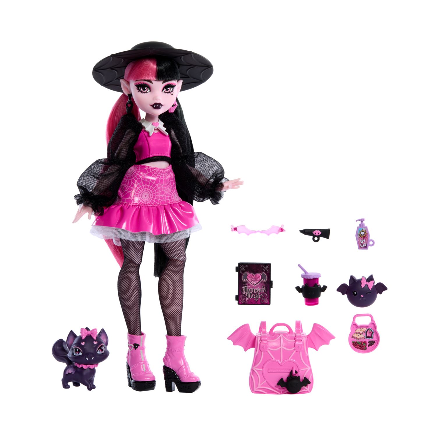 Monster high - draculaura, bambola dal look mostruoso con gatto-pipistrello conte favoloso e accessori inclusi - Monster High