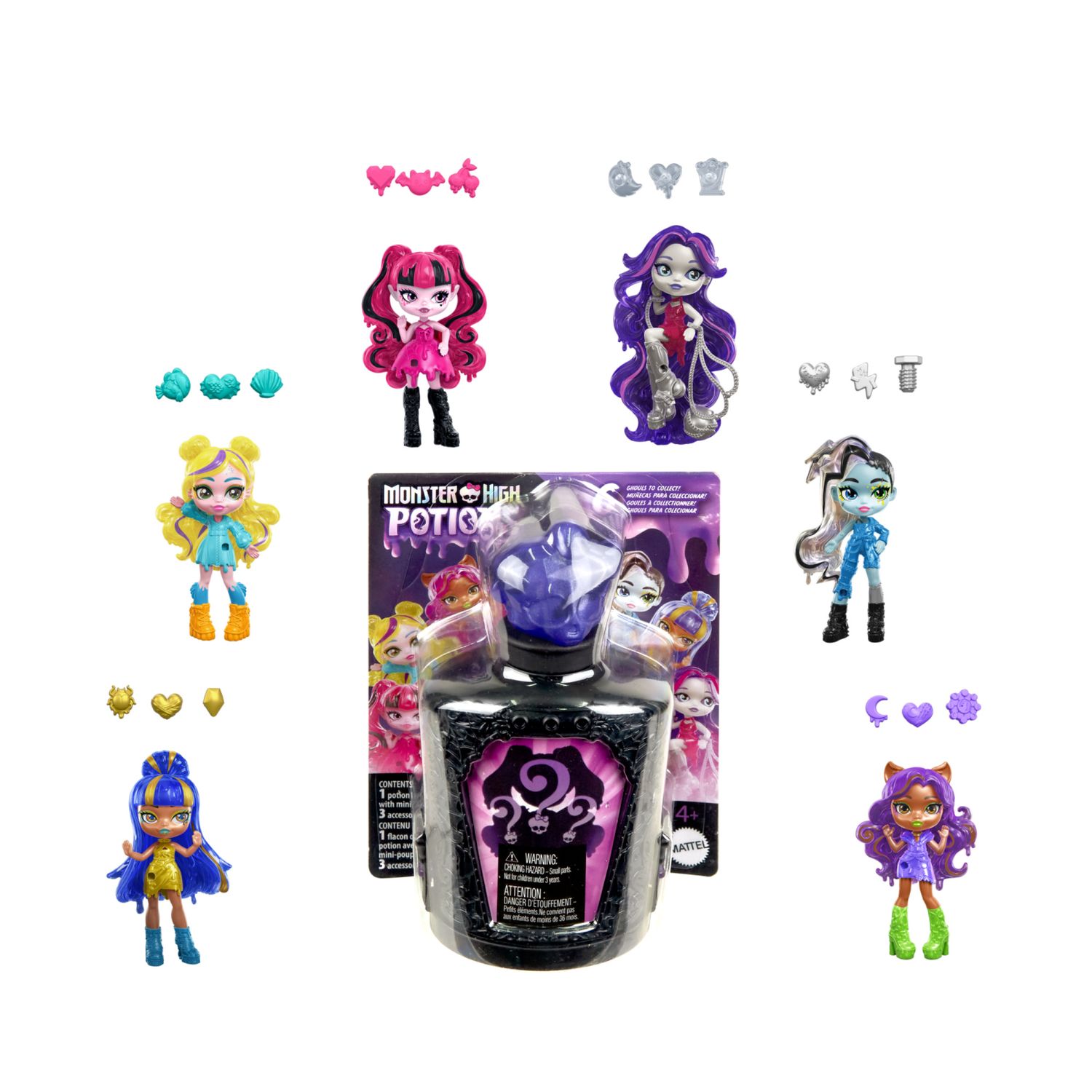 Monster high potions - mini bambole e accessori, personaggi a sorpresa da 7,5cm in una boccetta da esposizione con ciondolo - Monster High