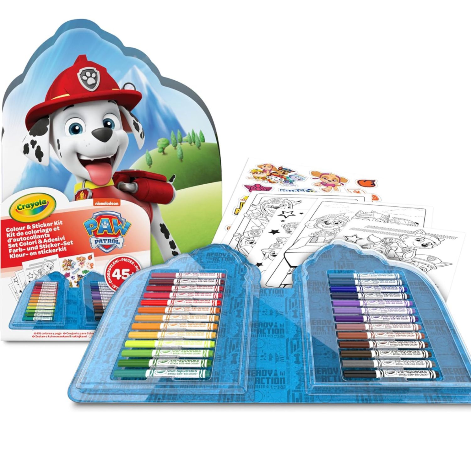 Crayola - valigetta colori & adesivi paw patrol, set con pennarelli, pagine da colorare, adesivi, 45 pezzi, regalo creativo per bambini, da 5 anni - Paw Patrol