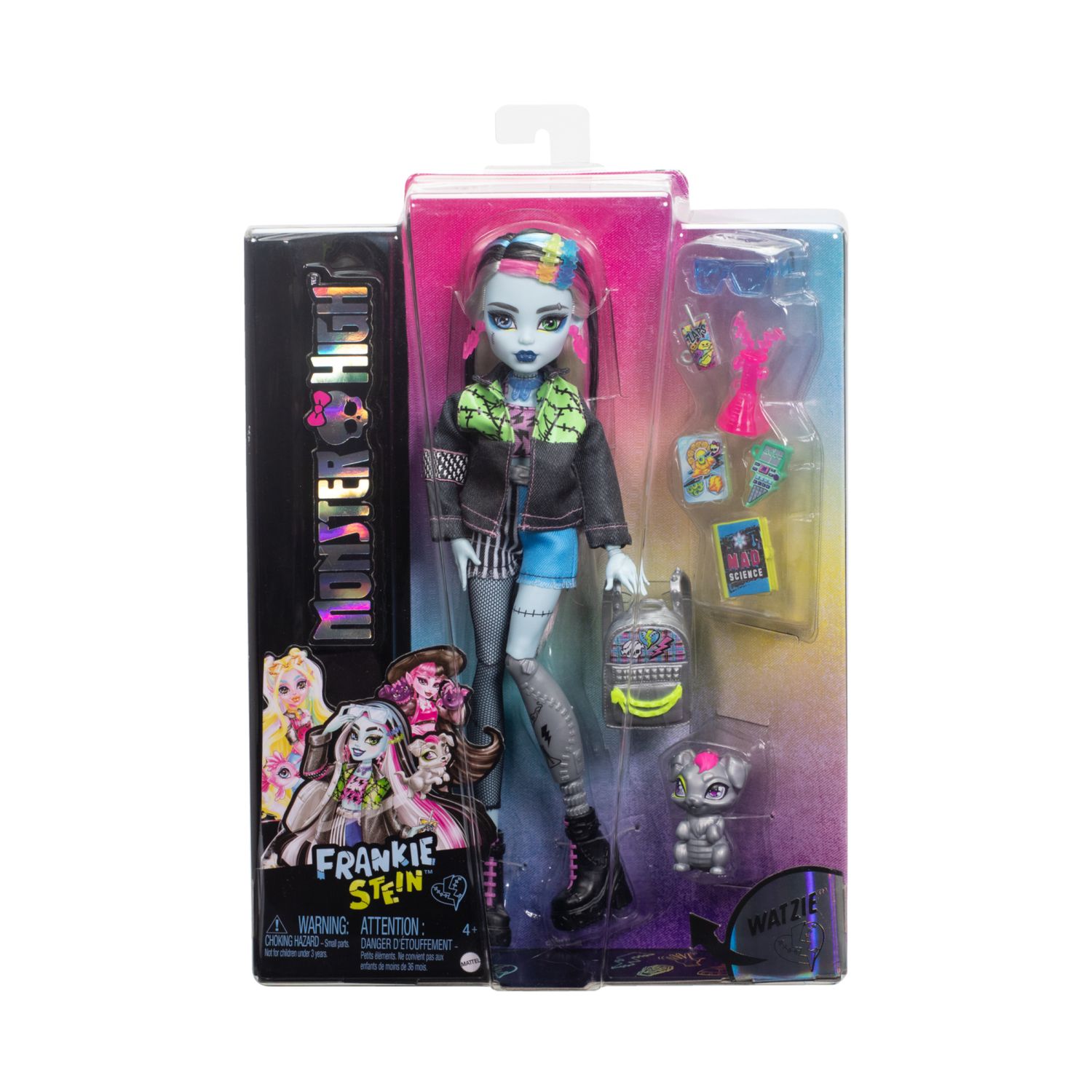 Monster high - frankie stein, bambola con giacca e shorts in denim, cagnolina watzie e accessori - Monster High