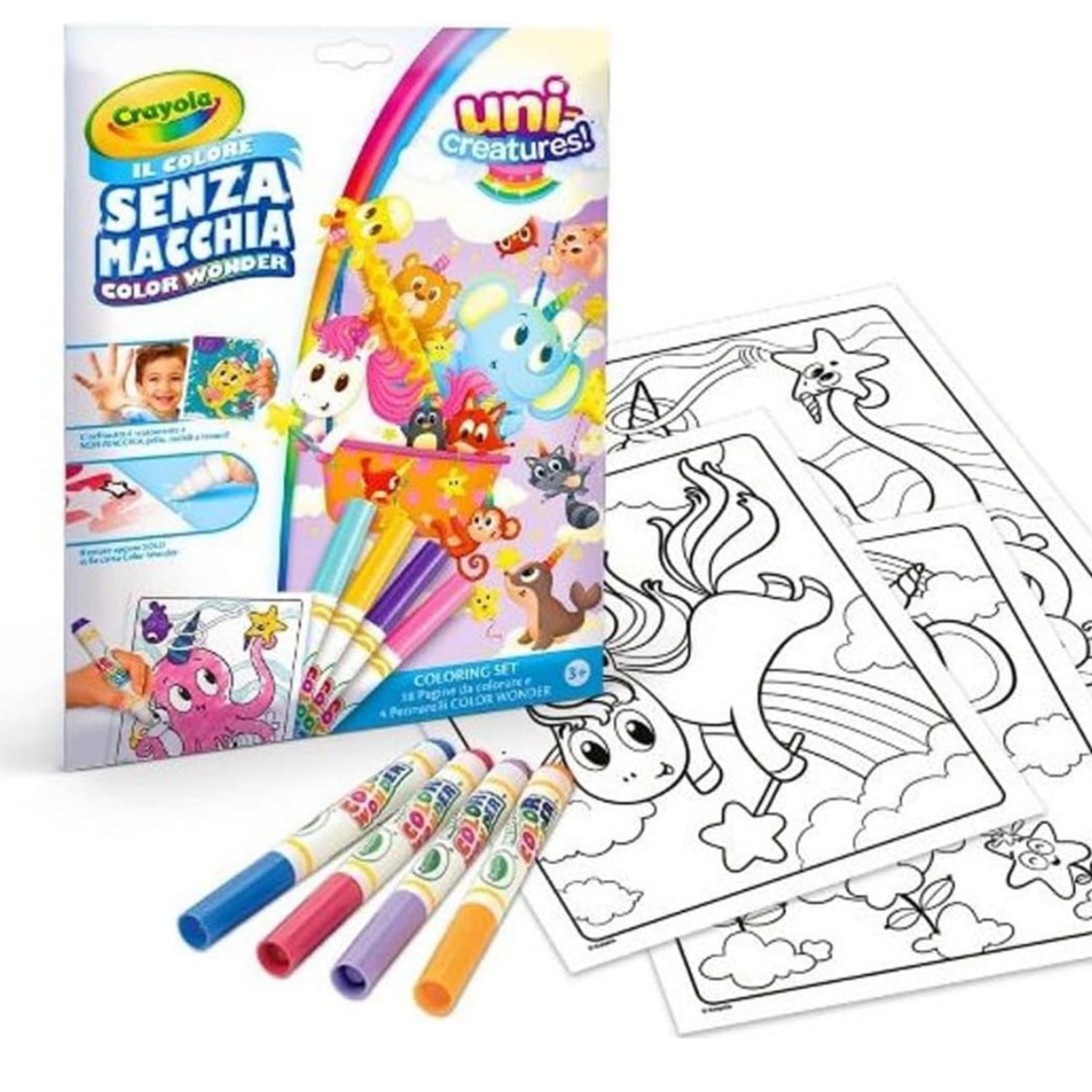 Crayola - color wonder, coloring set con 18 pagine da colorare e 4 pennarelli senza macchia, soggetto unicreatures - CRAYOLA