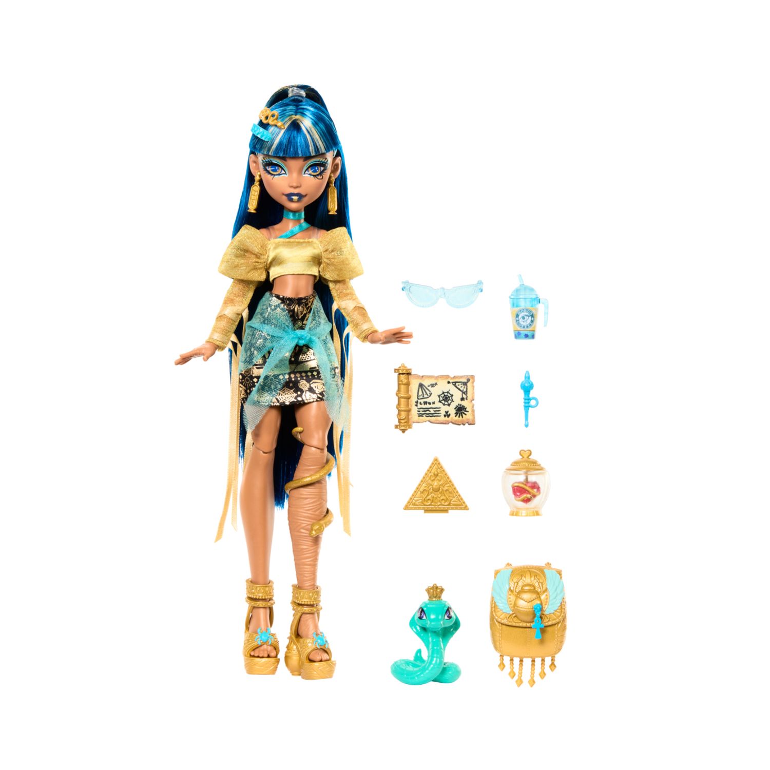 Monster high - cleo de nile, bambola con camicetta dorata e gonna a strati, cucciolo di cobra hissette e accessori - Monster High