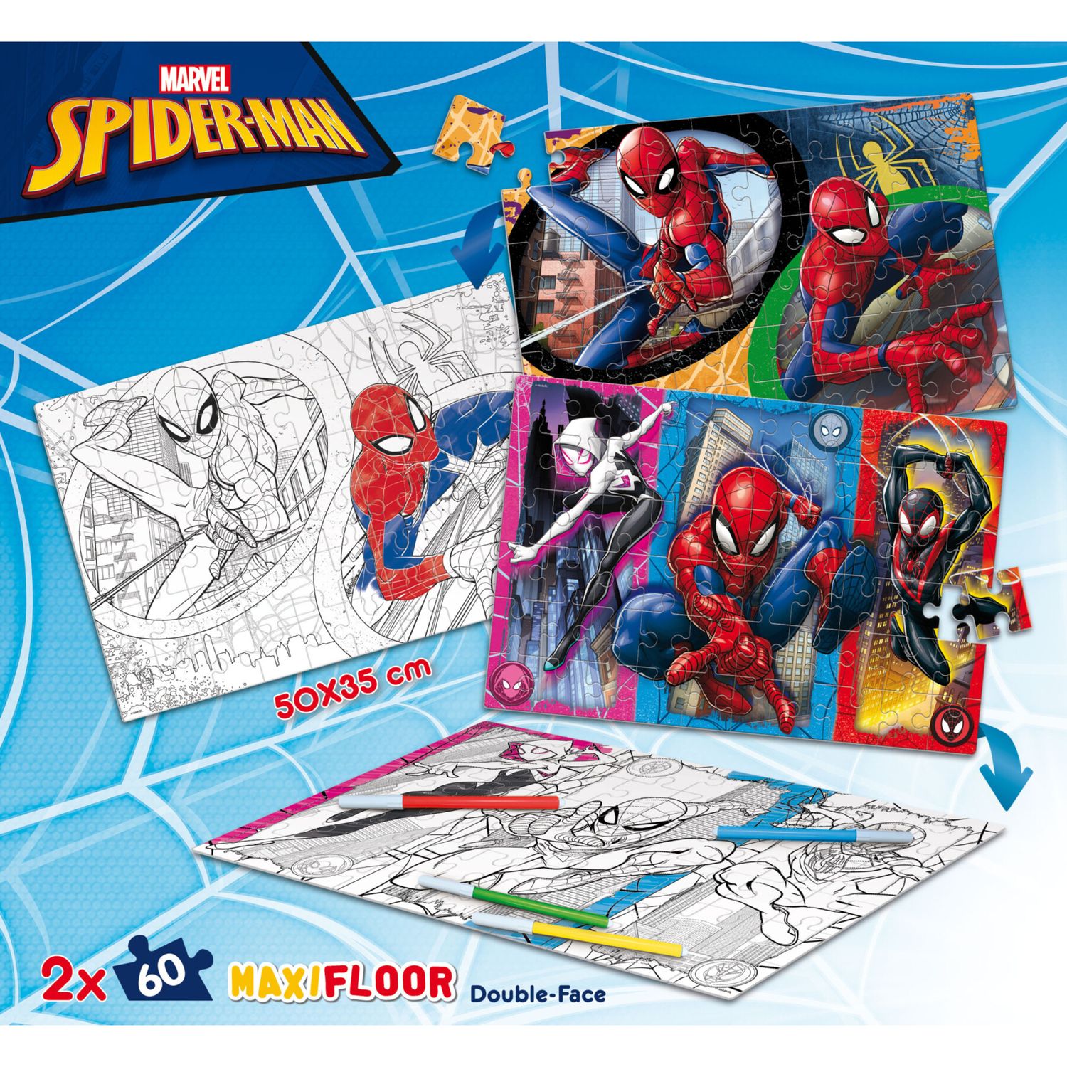 Puzzle df maxi floor 2x60 spider-man – doppio puzzle d’azione con il supereroe marvel - LISCIANI, Spiderman
