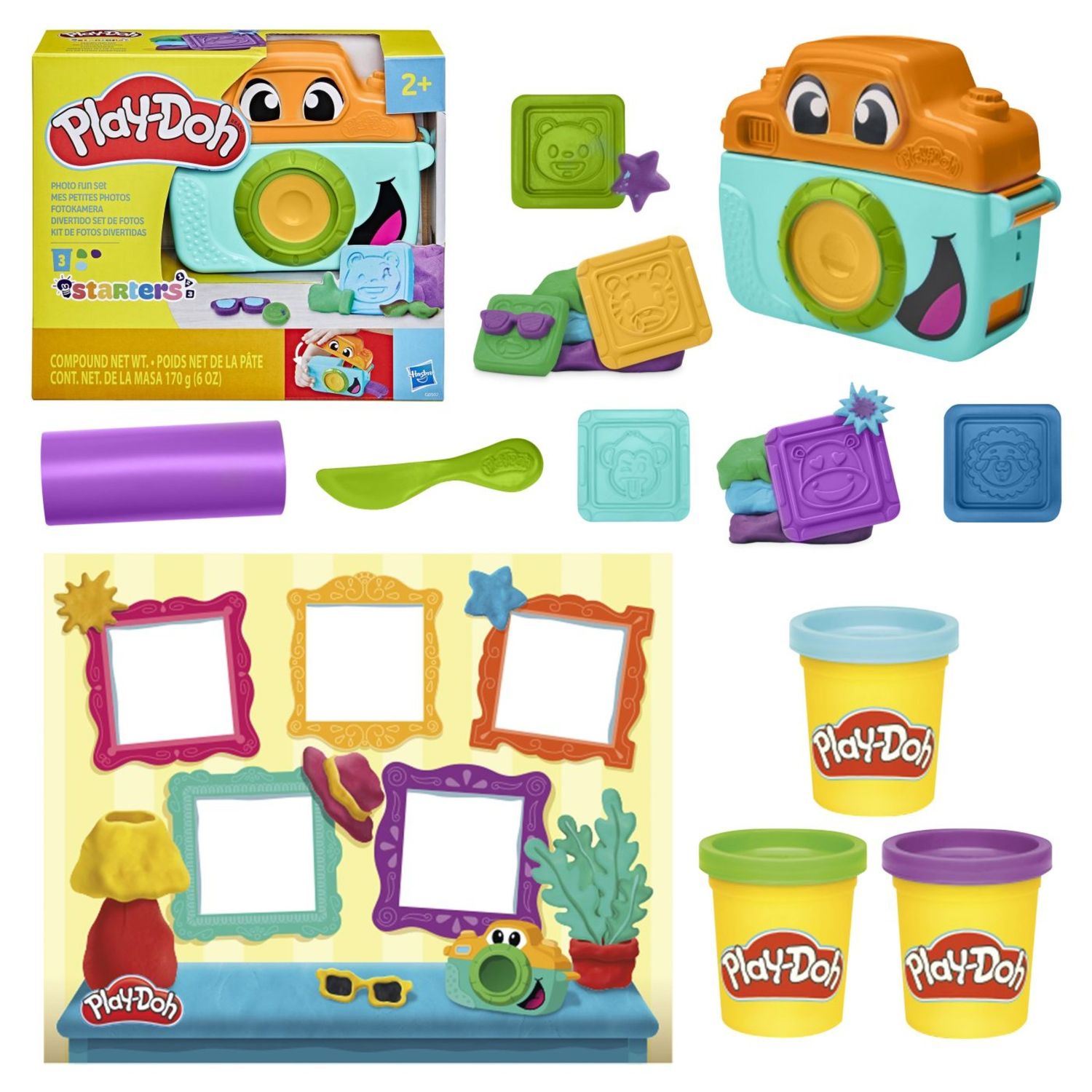 Play-doh prima macchina fotografica – set creativo per bambini dai 2 anni con fotocamera giocattolo, 3 vasetti di pasta, 7 accessori e tappetino - PLAY-DOH