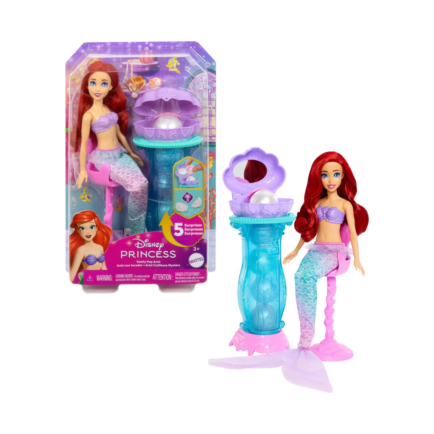 Mattel disney princess - ariel e la specchiera magica, set bambola con coda da sirena rimovibile e specchiera - DISNEY PRINCESS